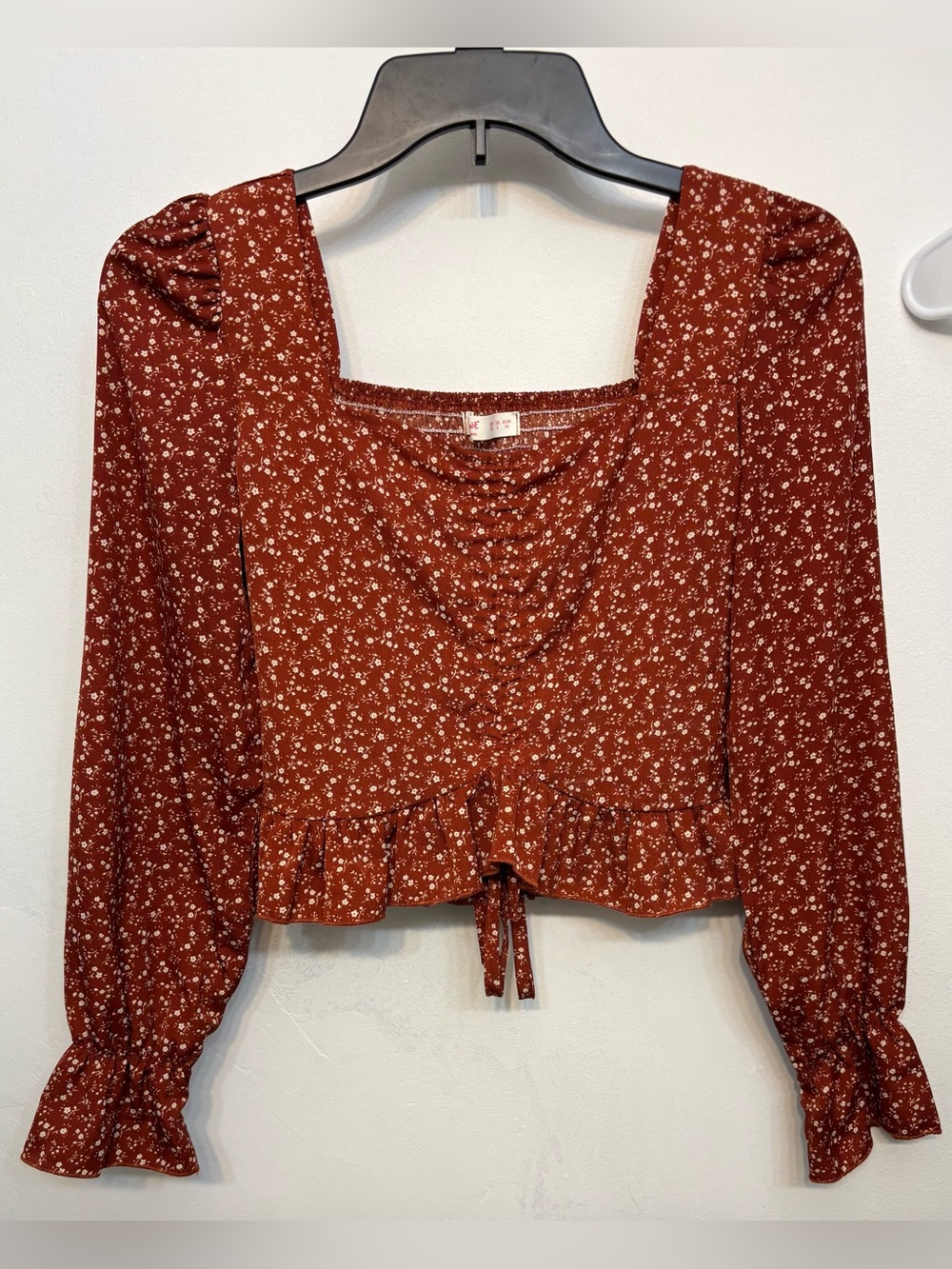 ROMWE Rust Floral Square-Neck Peplum Long Sleeve Crop Top Womans Size XS 2 NWOT